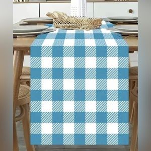 Buffalo Check Blue White Linen Table Runner 72x13 Country Scarf NEW